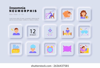 Insomnia set icon. Sleepless man, bedtime, cup, mask, melatonin pills, dreamcatcher, alarm, pillow, night discomfort, tired face, restless child, fatigue expression.