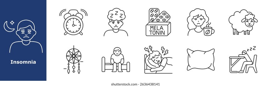 Insomnia set icon. Tired man, alarm clock, lack of sleep, melatonin box, coffee mug, sheep, dreamcatcher, bed, sleep pain, pillow, drowsy student, mental fatigue, nighttime issue.
