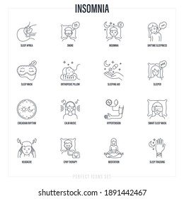 Insomnia set. Methods of prevention: sleep apnea, CPAP therapy, orthopedic pillow, sleep mask, pills, circadian rhythm, calm music, hypertension, smart sleep mask. Thin line icons. Vector illustration