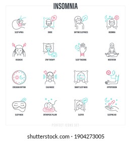 Insomnia set. Methods of prevention: sleep apnea, CPAP therapy, orthopedic pillow, sleep mask, pills, circadian rhythm, calm music, hypertension, smart sleep mask. Thin line icons. Vector illustration