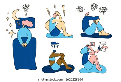 Insomnia set.Young persons sitting on the floor with headache and woman lying in the bed isolated on white background. Characters suffering from insomnia. People can't sleep. Vector illustration.