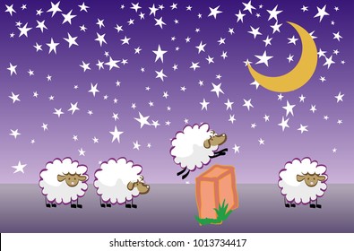 Insomnia. Sheep jumping over fence. Vector illustration. Cartoon character. Count them to sleep.