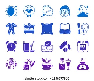 Insomnia silhouette icons set. Isolated sign kit of sleep. Dream pictogram collection includes mp3 player, dream catcher, herbal tea. Simple insomnia color contour symbol. Vector Icon shape for stamp