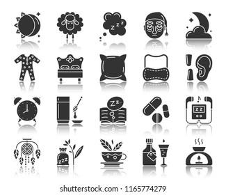 Insomnia silhouette icons set. Sign kit of sleep awake. Sleepless pictogram collection includes dreamcatcher, dream book medicine pills. Simple vector black symbol. Insomnia shape icon with reflection