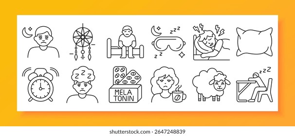 Insônia e dificuldade de dormir definida ícone. Representa pessoa com lua, dreamcatcher, postura de cama triste, máscara de sono, acordado na cama, despertador, pílulas de melatonina, bebedor de café, ovelha