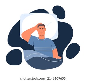 Insomnia and sleep disorder concept. Sad tired man lying on bed and cannot fall asleep. Psychological illness or low melatonin levels. Depression or stress. Cartoon modern flat vector illustration