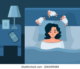 Insomnia and Sleep Disorder. A young girl is lying in bed with her eyes open and counting sheep to fall asleep. This girl suffers from insomnia. Vector illustration in a flat style