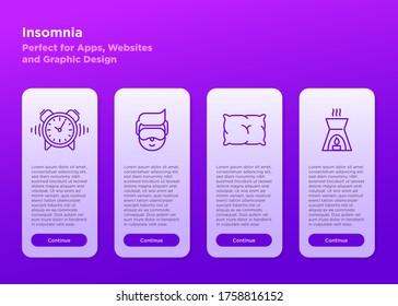 Insomnia and sleep mobile user interface. Thin line icons. Man in sleeping mask, comfortable pillow, alarm and aroma lamp. Vector illustration.