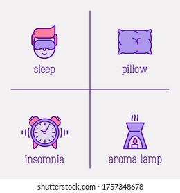 Insomnia and sleep thin line icons:. Man in sleeping mask, comfortable pillow, alarm and aroma lamp. Vector illustration.