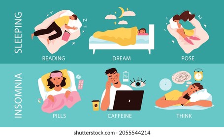 Insomnia and sleeping design concept with reading symbols flat vector illustration