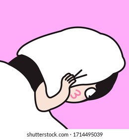 Insomnia Sleepless Girl Covers Her Head By Pillow On A Bed Concept Card Character illustration