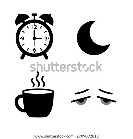 Insomnia and sleeplessness icon set including alarm clock, moon, coffee, and tired eyes