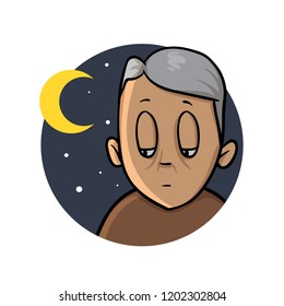 Insomnia, sleeplessness. Old man up at night. Cartoon design icon. Colorful flat vector illustration. Isolated on white background.