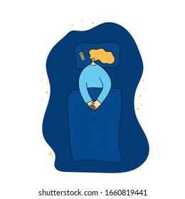 Insomnia. Sleepy person have problem with night sleep. Woman suffering from anxiety. Female character lying in bed sleepless. Blonde girl with bad mood can't sleep because of fomo. Vector illustration