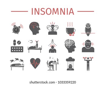 Insomnia, Symptoms. Flat icons set. Vector signs for web graphics.