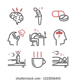 Insomnia, Symptoms. Line icons set. Vector signs for web graphics.