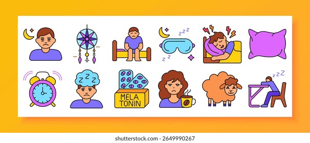 Insomnia symptoms set icon. Displays worried face, dreamcatcher, sitting on bed, sleeping mask, disturbed sleep, pillow, alarm, melatonin, coffee, sheep, fatigue