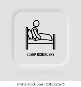 Insomnia thin line icon: sleep disorders, tired man sitting in his bed. Depression, sleepless, anxiety. Vector illustration.