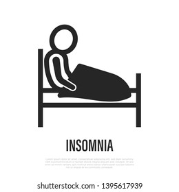 Insomnia Thin Line Icon: Tired Man In Bed Can't Sleep. Vector Illustration.