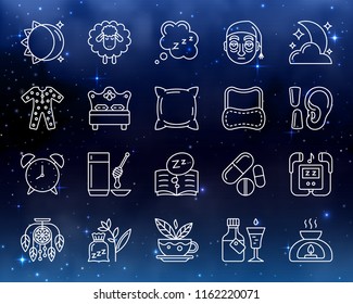 Insomnia thin line icons set. Outline web sign kit of sleep. Dream linear icon collection includes mp3 player, dream catcher, herbal tea. Simple insomnia white contour symbol vector Illustration
