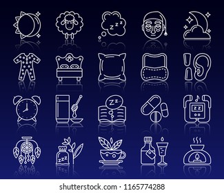 Insomnia thin line icons set. Outline sign kit of sleep awake. Sleepless linear icon collection includes sleepy syrup, candle, lamp. Simple insomnia white contour symbol reflection vector Illustration