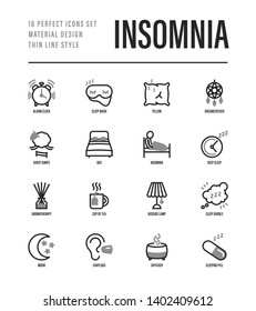 Insomnia thin line icons set. Alarm clock, sleeping mask, comfortable pillow, dreamcatcher, earplug, aroma diffuser, pills, sromatherapy, sheep jumping, tired man in bed. Vector illustration.