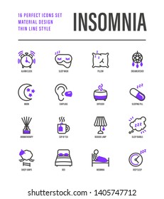Insomnia thin line icons set. Alarm clock, sleeping mask, comfortable pillow, dreamcatcher, earplug, aroma diffuser, pills, sromatherapy, sheep jumping, tired man in bed. Vector illustration.