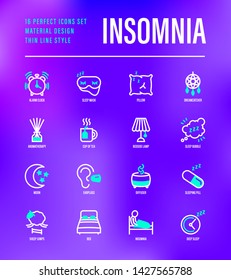 Insomnia thin line icons set. Alarm clock, sleeping mask, comfortable pillow, dreamcatcher, earplug, aroma diffuser, pills, sromatherapy, sheep jumping, tired man in bed. Vector illustration.