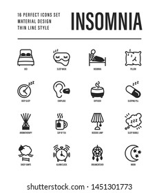 Iconos de línea delgada de insomnio establecidos. Reloj de alarma, máscara de sueño, almohada cómoda, soñador, tapón de orejas, difusor de aroma, pastillas, sromaterapia, saltos de oveja, hombre cansado en la cama.Ilustración vectorial.