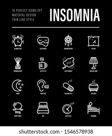 Insomnia thin line icons set. Alarm clock, sleeping mask, comfortable pillow, dreamcatcher, earplug, aroma diffuser, pills, sromatherapy, sheep jumping, tired man in bed. Vector illustration.