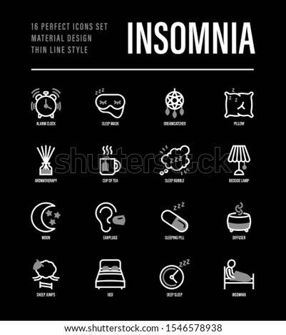 Insomnia thin line icons set. Alarm clock, sleeping mask, comfortable pillow, dreamcatcher, earplug, aroma diffuser, pills, sromatherapy, sheep jumping, tired man in bed. Vector illustration.