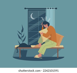 Insomnio. Carácter cansado incapaz de quedarse dormido, que sufre de privación del sueño. Trastorno del sueño, concepto de insomnio. Ilustración vectorial plana