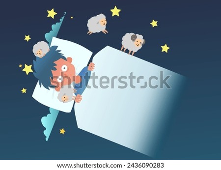 Insomnia. Tired child trying to fall asleep counting sheep in bed, top view. Vector illustration