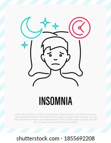 Insomnia: tired man lying on pillow, sleepless, depression, stress. Thin line icon. Vector illustration.