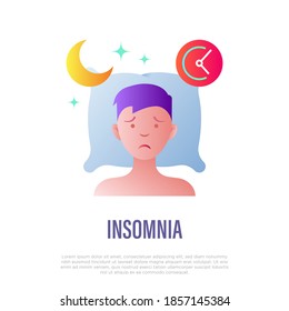 Insomnia: tired man lying on pillow, sleepless, depression, stress. Flat gradient icon. Vector illustration.
