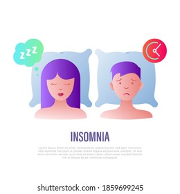 Insomnia: tired man lying on pillow and girl is sleeping near. Sleepless, depression, stress. Flat gradient icon. Vector illustration.