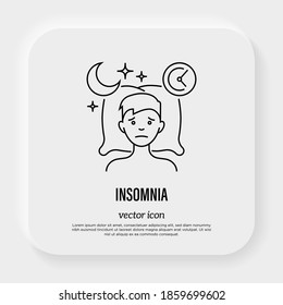 Insomnia: Tired Man Lying On Pillow, Sleepless, Depression, Stress. Thin Line Icon. Vector Illustration.