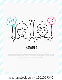 Insomnia: tired man lying on pillow and girl is sleeping near. Sleepless, depression, stress. Flat gradient icon. Vector illustration.