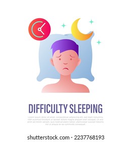 Insomnia: tired man lying on pillow, sleepless, depression, stress. Flat gradient icon. Vector illustration.