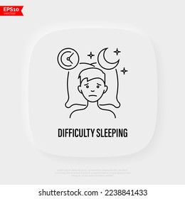 Insomnia: tired man lying on pillow, sleepless, depression, stress. Thin line icon. Vector illustration.
