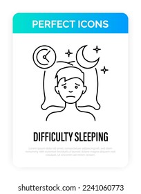 Insomnia: tired man lying on pillow, sleepless, depression, stress. Thin line icon. Vector illustration.