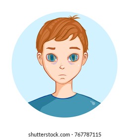 Insomnia. Tired and sick boy needs sleep. Illustration. Art creation. Web icon