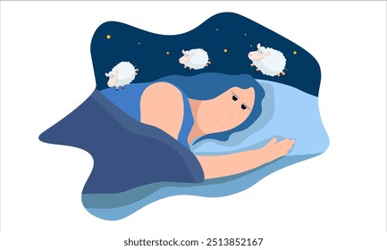 Insônia. Mulher cansada tentando dormir contando ovelhas na cama. Ilustração vetorial