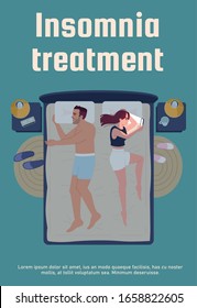 Insomnia treatment poster template. Sleeplessness problem. Commercial flyer design with semi flat illustration. Vector cartoon promo card. Using gadgets before sleeping. Advertising invitation