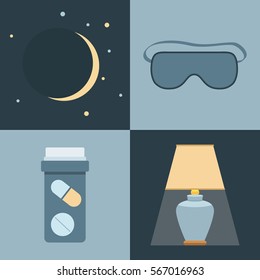 insomnia and its treatment. set of illustrations in a flat style.