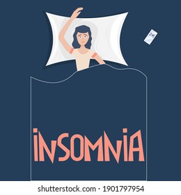 Insomnia. An unhappy girl in bed with sleep disorders. Lettering on a blanket. The concept of fatigue. Vector illustration in a flat style. A girl at night on a pillow with a phone.