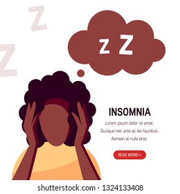 Insomnia vector concept. Black woman holding her head and dreaming of sleep. Web banner template for medical clinic, psychologist or website.