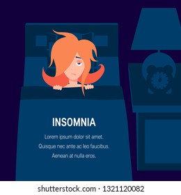 Insomnia vector concept. Template for posters, web banners, articles, infographics etc. Tired woman with open eyes trying to sleep