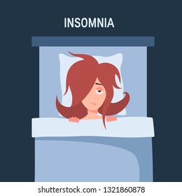 Insomnia vector concept. Template for posters, web banners, articles, infographics etc. Girl with sleep disorder lying in the bed