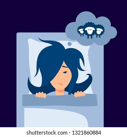 Insomnia vector concept. Template for posters, web banners, articles, infographics etc. Asian girl with sleep disorder lying in the bed